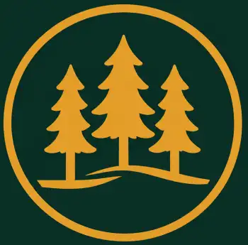 A green and yellow logo of a forest with trees and a path.